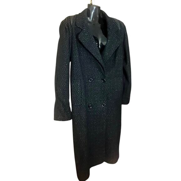 David Benjamin Pure Wool Vintage Leather Trim Long Button Up Coat - Picture 2 of 13